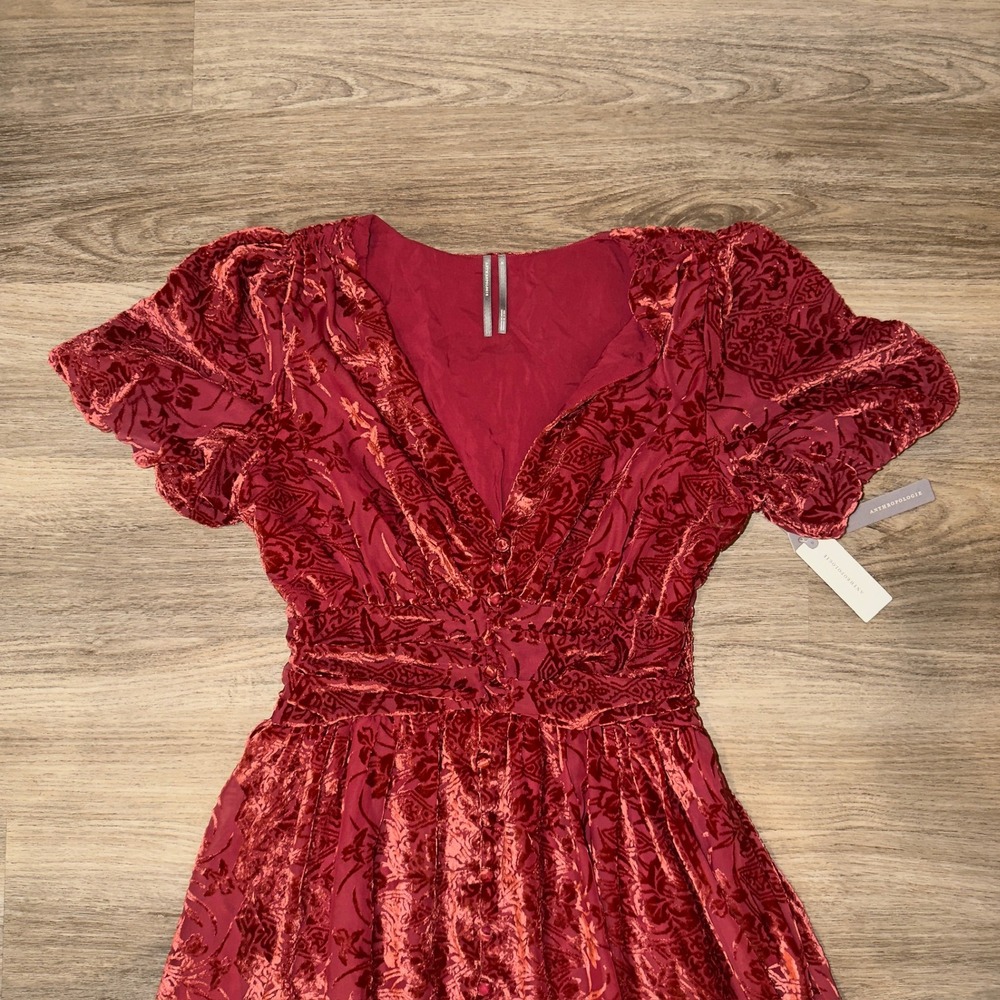 Anthropologie Red Burnout Velvet Floral Maxi Dress V-Neck Flutter Sleeve Size M - Picture 3 of 13